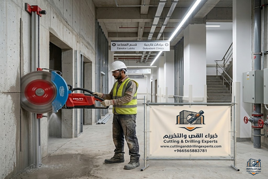 فتحات مصاعد حي الجامعة في جدة باستخدام أحدث معدات قص وتخريم الخرسانة لتنفيذ فتحات المصاعد الخرسانية بدقة عالية مع الحفاظ على السلامة الإنشائية وبدون تكسير